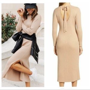 WAYF BFF COLLECTION  knit midi nude slit leg tie back sweater dress